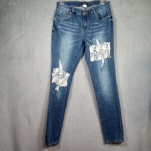 Venus Womens Distressed Crochet Lace Patch Skinny Jeans Medium Wash Blue Size 6